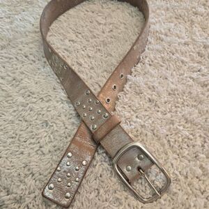Silver Metallic Leather Studded Belt Medium Brass Buckle